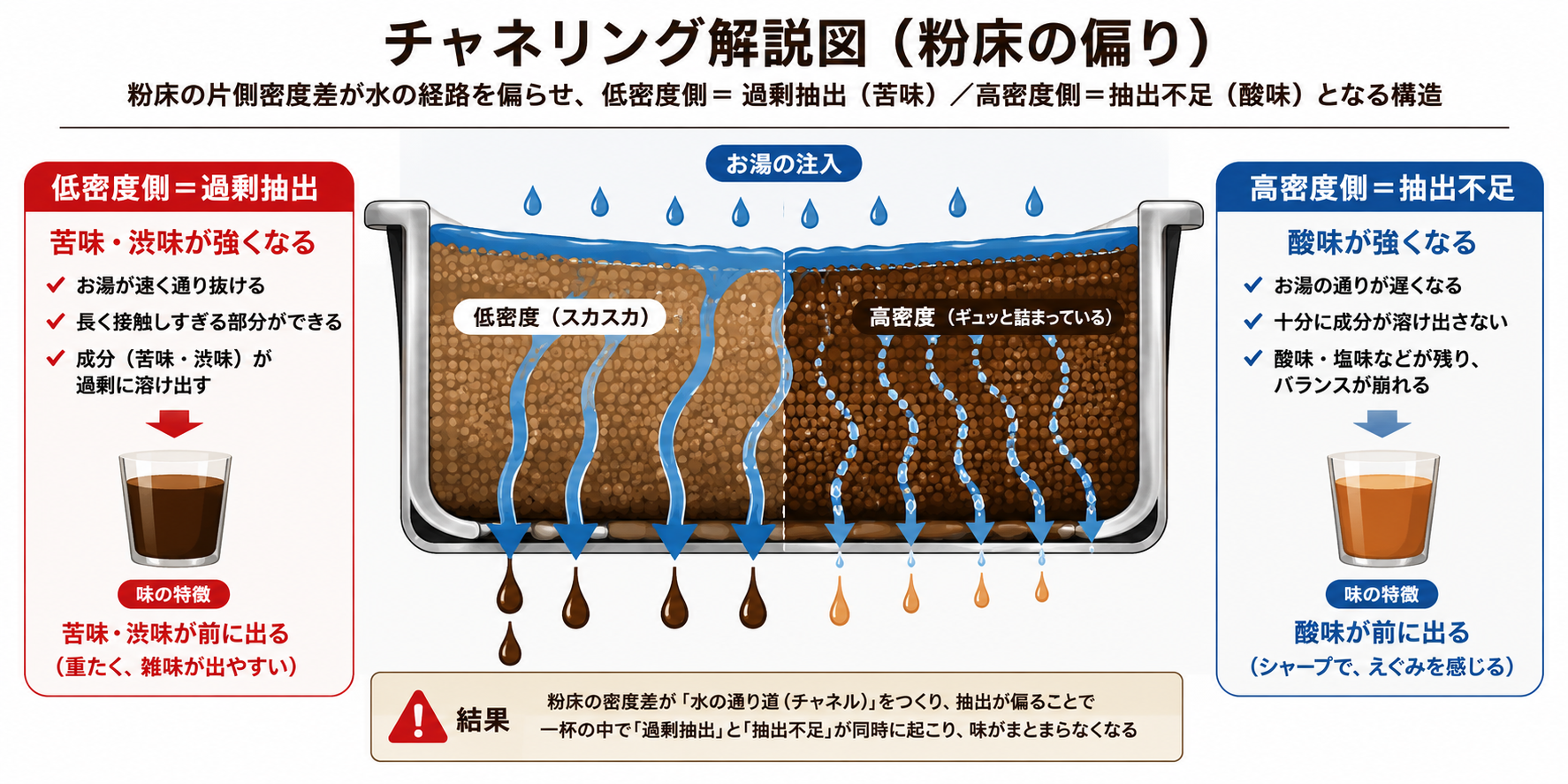 チャネリング解説図 - 粉床の片側密度差で水の経路が偏り、低密度側=過剰抽出（苦味）／高密度側=抽出不足（酸味）になる構造