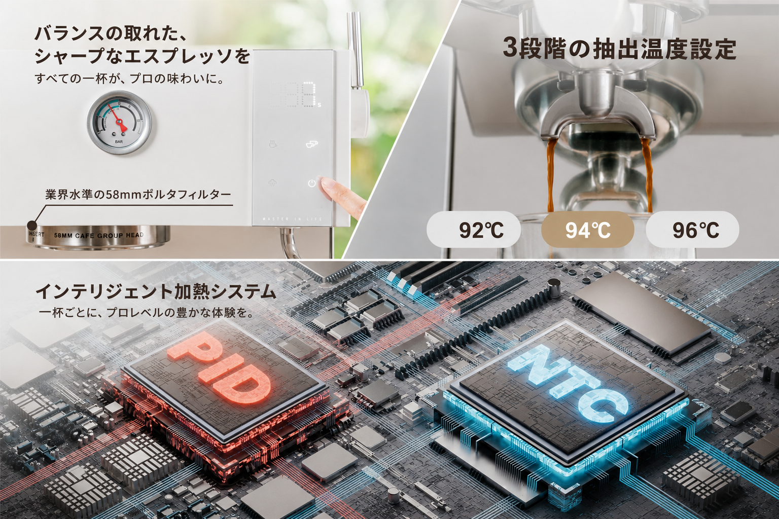 ECMN0のPID 3段階温度制御 - 業界水準58mmポルタフィルター・92/94/96℃の3段階・PID×NTCインテリジェント加熱システム